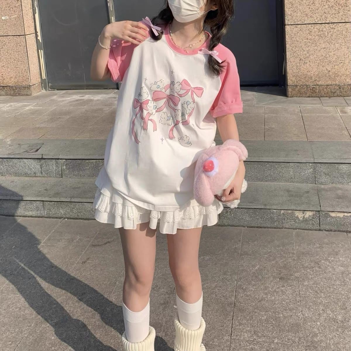 Kawaii Oversized T-Shirt Cute Pink Anime Shirt Japanese Harajuku Patchwork Tee Cartoon Print Loose Teen Girl Plus Size (Pink,Small,Small)