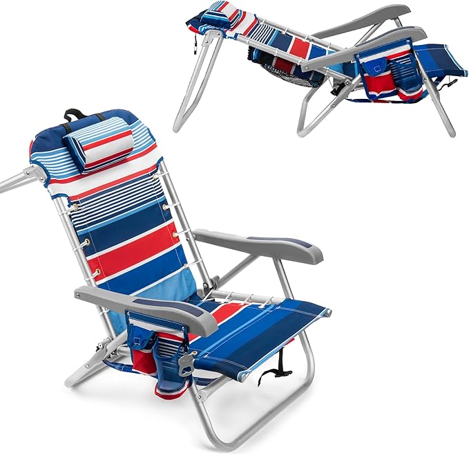Homevative Cooler+ Folding Backpack Beach Chair with 5 Positions, Towel bar, XL Cooler Pouch, Storage Net, Cup and Phone Holder, Fireworks, 2 Pack