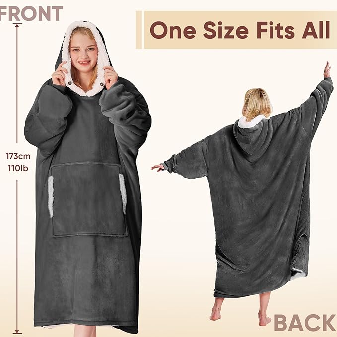 yescool Wearable Blanket Hoodie, Flannel Sherpa Fleece Blanket Sweatshirt for Adults Women Men,One Size Fits All