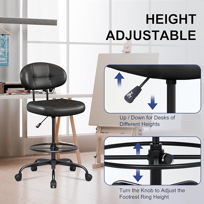 Misolant Drafting Chair Without Arms, Tall Office Chair with Footrest Ring for Standing Desk, Small Faux Leather Executive Office Chair with Adjustable Height for Bar Lab Counter Height Desk, Black