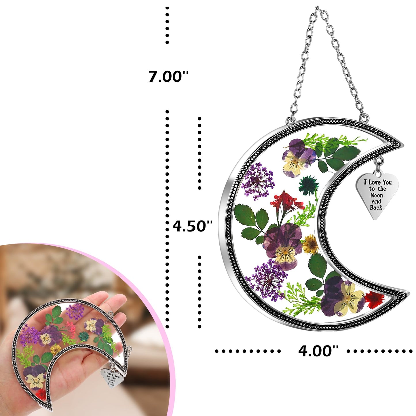 KY&BOSAM Moon Suncatcher I Love You to The Moon and Back Stained Glass for Window Hangings Wind Chime Decor with Pressed Real Flower and Metal Charm Birthday Gift for Women Mom Mother`s Day Christmas