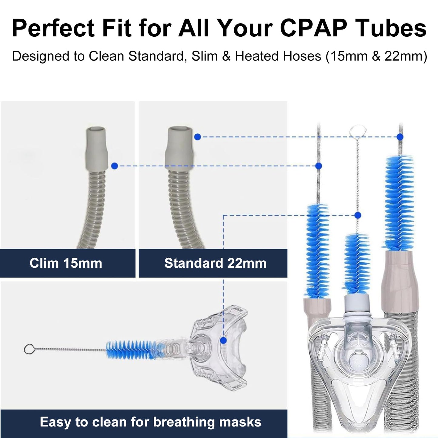 CPAP Hose Cleaning Brush Kit with Collapsible Basin – Dual-Ended 7ft Tube Brush & Small Cleaner, Anti-Slip Wash Tub with Drain Plug & Handles, Fits 15mm & 22mm Tube Cleaning