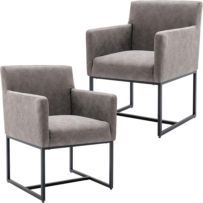 BESTANO Set of 2 Upholstered Dining Chairs with Armrest, PU Leather Modern Accent Armchairs, Kitchen & Dining Room Chairs Side Chairs, Grey