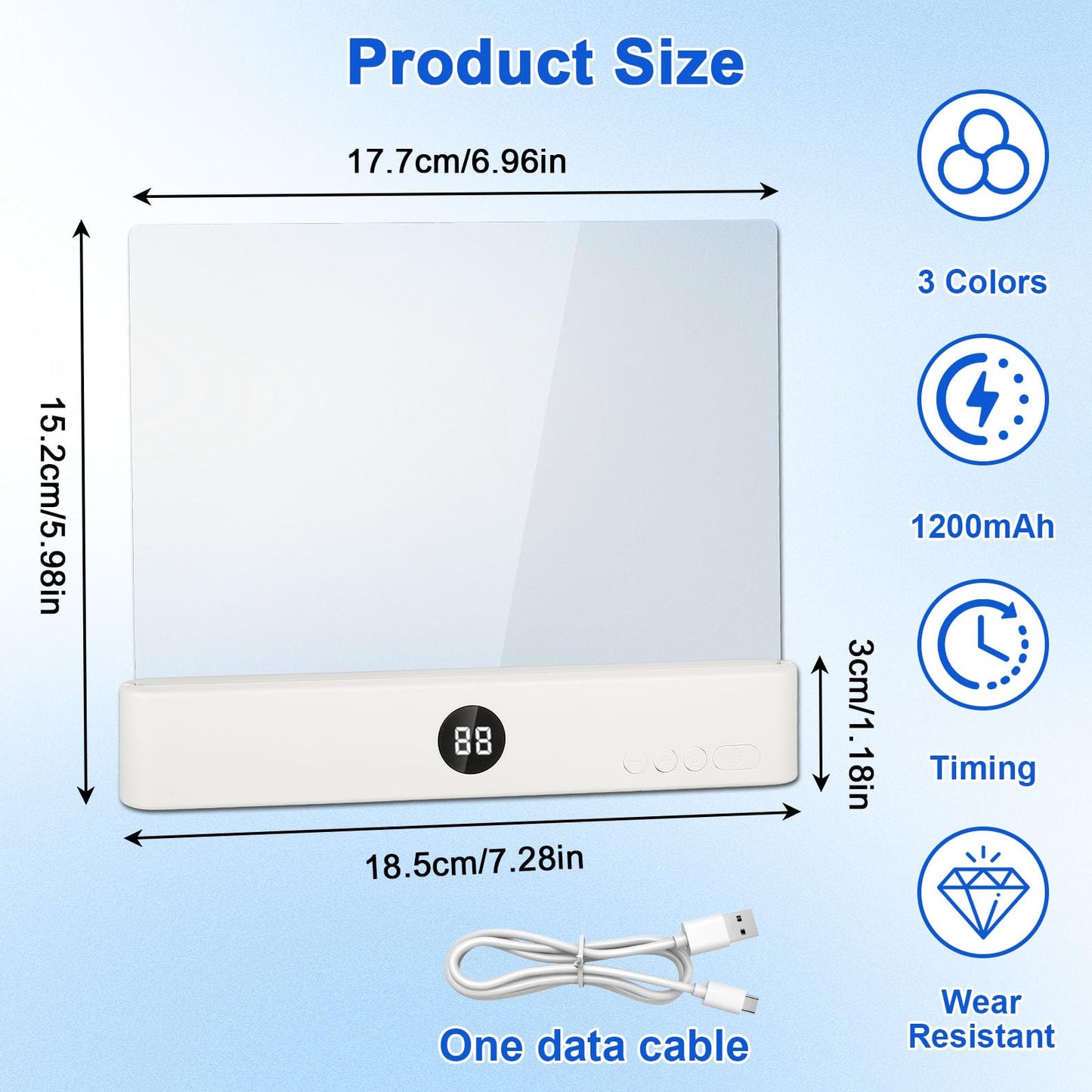 Flat Book Light, Rechargeable Clear LED Smart Reading Light with 3 Colors & Timer, Dimmable Full Page Panel Plate Lamp, Eye Protection, Portable Flat Reading Light for Bedside, Travel, Study (White)