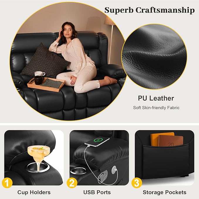 FURNIMAT New Loveseat Recliner Sofa, 2 Seater Reclining Loveseat Sofa, PU Leather Dual Recliner Chair, Modern Loveseat Couch for Living Room, with Cup Holder and USB Ports, Black