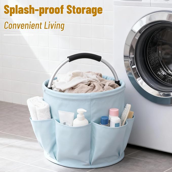 17L Foldable Storage Basket with 6 Side Pockets Cleaning Caddy with Handle Folding Storage Bin for Home Bathroom Camping Gardening (Light Blue)