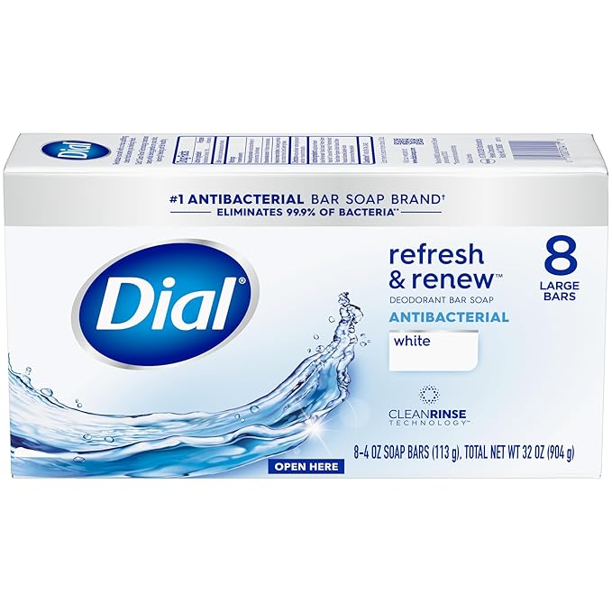 Dial Antibacterial Bar Soap, Refresh & Renew, White, 4 oz, 32 Bars