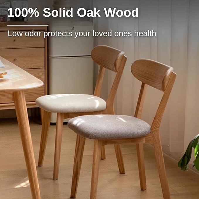Hymus 100% Solid Oak Wood Dining Room Chairs - Practical Kitchen Chairs for Dining Room, Kitchen, Living Room (2, Natural with Grey Cushion)