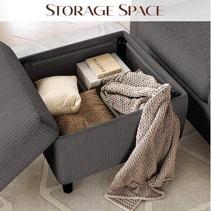 POYISOU Sectional Couches for Living Room, L Shaped Couch with Storage Ottoman, Small Sofa Corduroy Couch with Side Pockets, Modern 3 Seater Convertible Sofa for Apartment, Office, Dark Grey