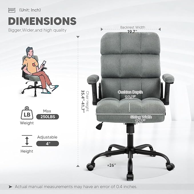 SEATZONE Home Office Executive Desk Chair with Wheels,Comfortable Ergonomic Flip-up Armrest Adjustable Swivel Computer Desk Chair,Grey