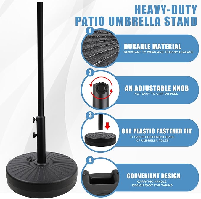 Gzdisbek Heavy Duty Umbrella Round Base Stand with Steel Umbrella Holder, Water or Sand Fillable for Outdoor, Patio, Market, Lawn, Garden, 50lbs Weight Capacity, 20inch (Black)