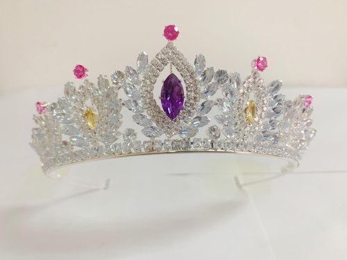 ZECAA Crystal Elegant Princess Tiara Crown For Woman, Multi-Gemstone Tiara Crown Headband With Amethyst, Pink Topaz and Citrine Stone, Silver Color