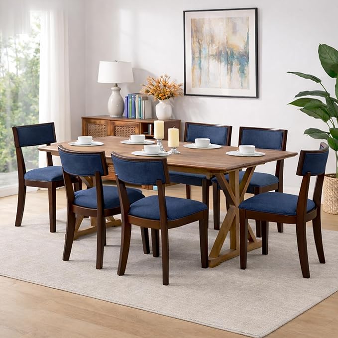 DM Furniture Cozy Upholstered Farmhouse Dining Chair Set of 6, Solid Wood Frame Rustic Side Chair, Curved Back Armless Kitchen Chair for Inviting/Dining/Living Room/Restaurant, Space Saving, Blue