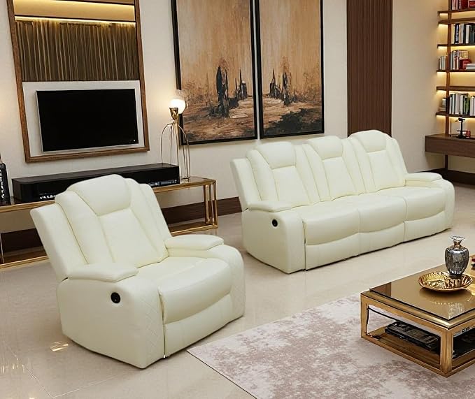 Dekmxas Modern 3 Recliner Seats Leather Power Sectional Reclining Sofa Set with LED Light, 2-Piece Power Recliner Sofa and Chair with Storage Console/Cup Holders for Living Room/Apartment/RV/Office
