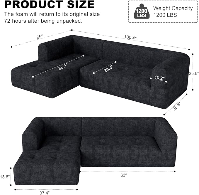 105" Modular Sectional Sofa, Boneless Couch for Living Room, Cloud Sectional Couch with Deep Seat, L-Shape Sofa, Upholstered Couches for Living Room Bedroom, No Assembly Required, Black (Slub Fabric)