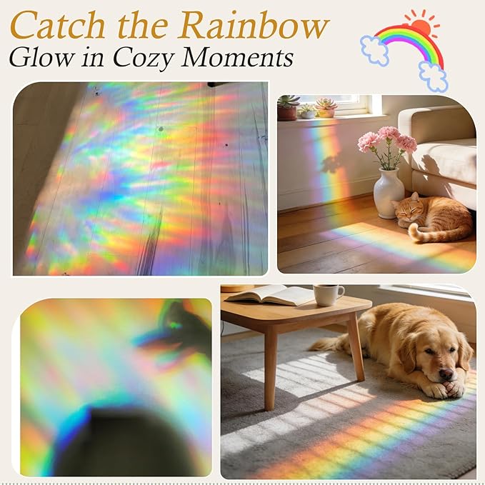 Windimiley Rainbow Window Privacy Film, 3D Stained Glass Christmas Decorative Window Clings, UV Heat Blocking Holographic Prism Stickers for Home(11.8 x 78.7In,Pure)