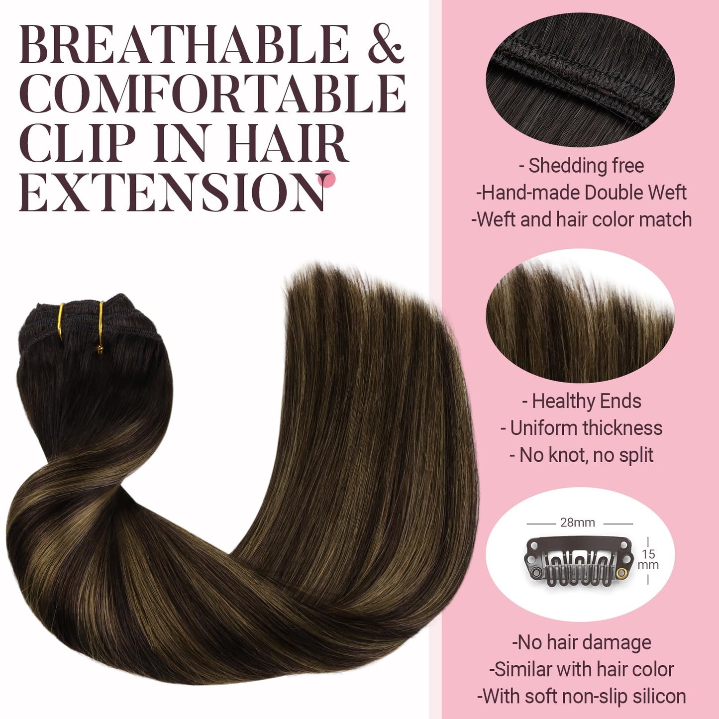 MAXITA Clip in Human Hair Extensions, 5pcs 80g Balayage Dark Brown Mixed Chestnut Brown 20 Inch, Real Remy Hair, Long Straight S