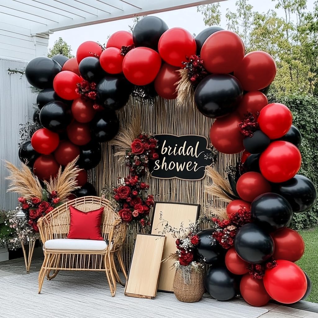 Black Red Balloon Garland Double Stuffed Burgundy Black Balloons Maroon Ruby Red Balloon Arch for Birthday Wedding Halloween Graduation Love Christmas Party Decorations