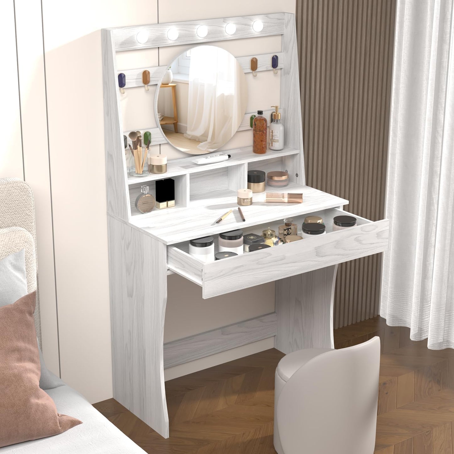 HedoAjim Vanity Desk with Lights, Makeup Table with Mirror, Dressing Table with 5 Hollywood Bulbs, 3 Adjustable Lighting Colors, Small Vanity Desk for Bedroom (Wood Grain)