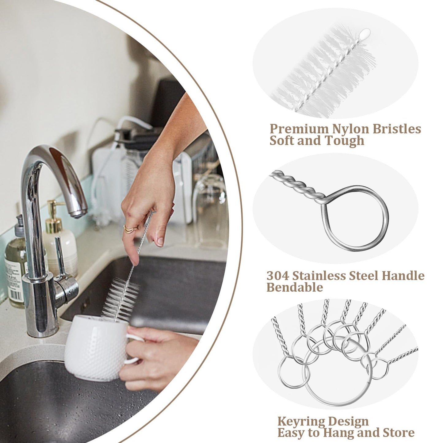 Yolaist 8 Pcs Bottle and Straw Cleaner, Long Deep Nylon Brush with Bendable Stainless Steel Flexible Handles for Bottles, Straws, Pipes, Wine Decanter, Sinks and Cup Cover