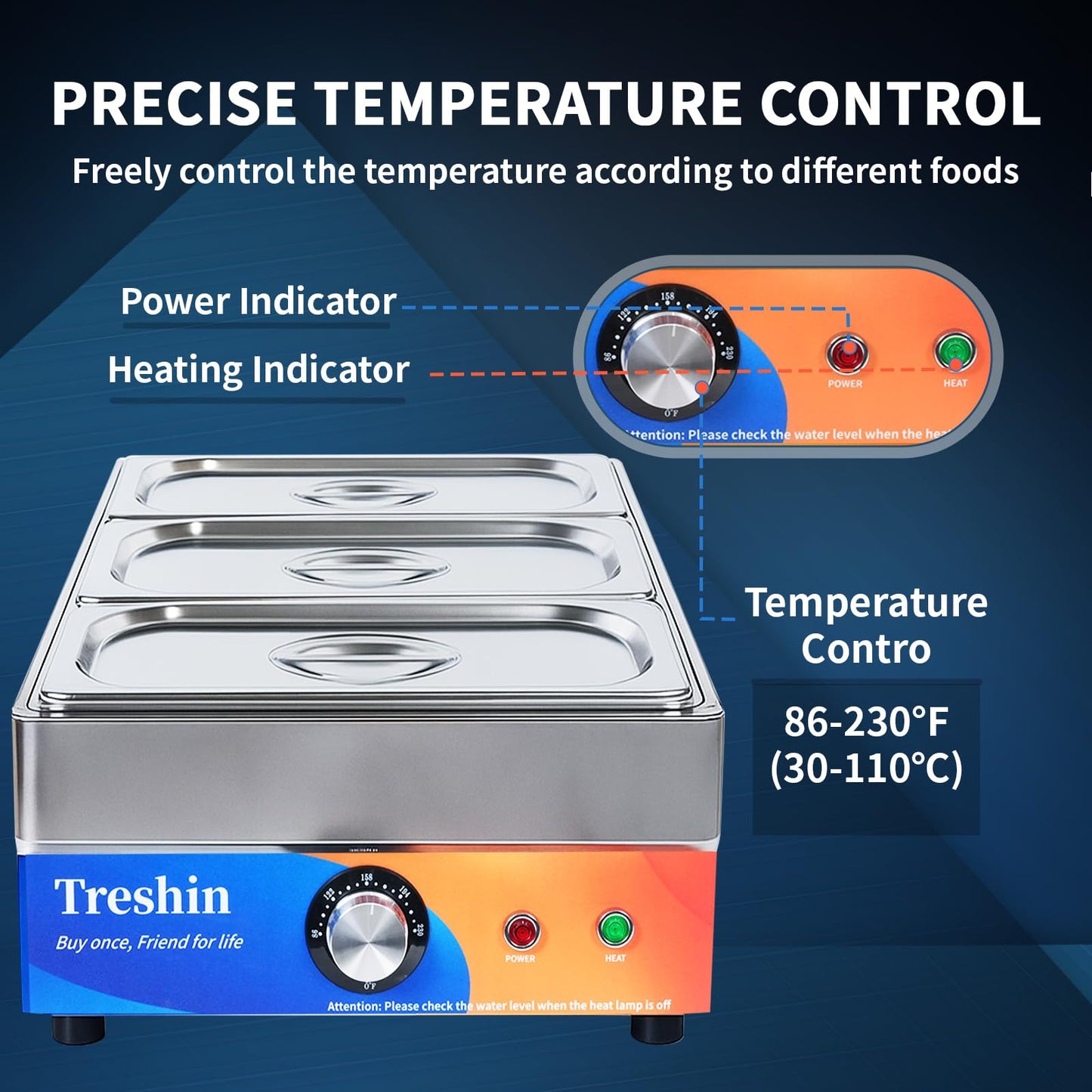 Treshin 3 Pan Commercial Food Warmer, Stainless Steel Bain Marie Food Warmers Steam Table 15 Qt 1200W with Temperature Control & Lid for Home, Catering, Restaurants