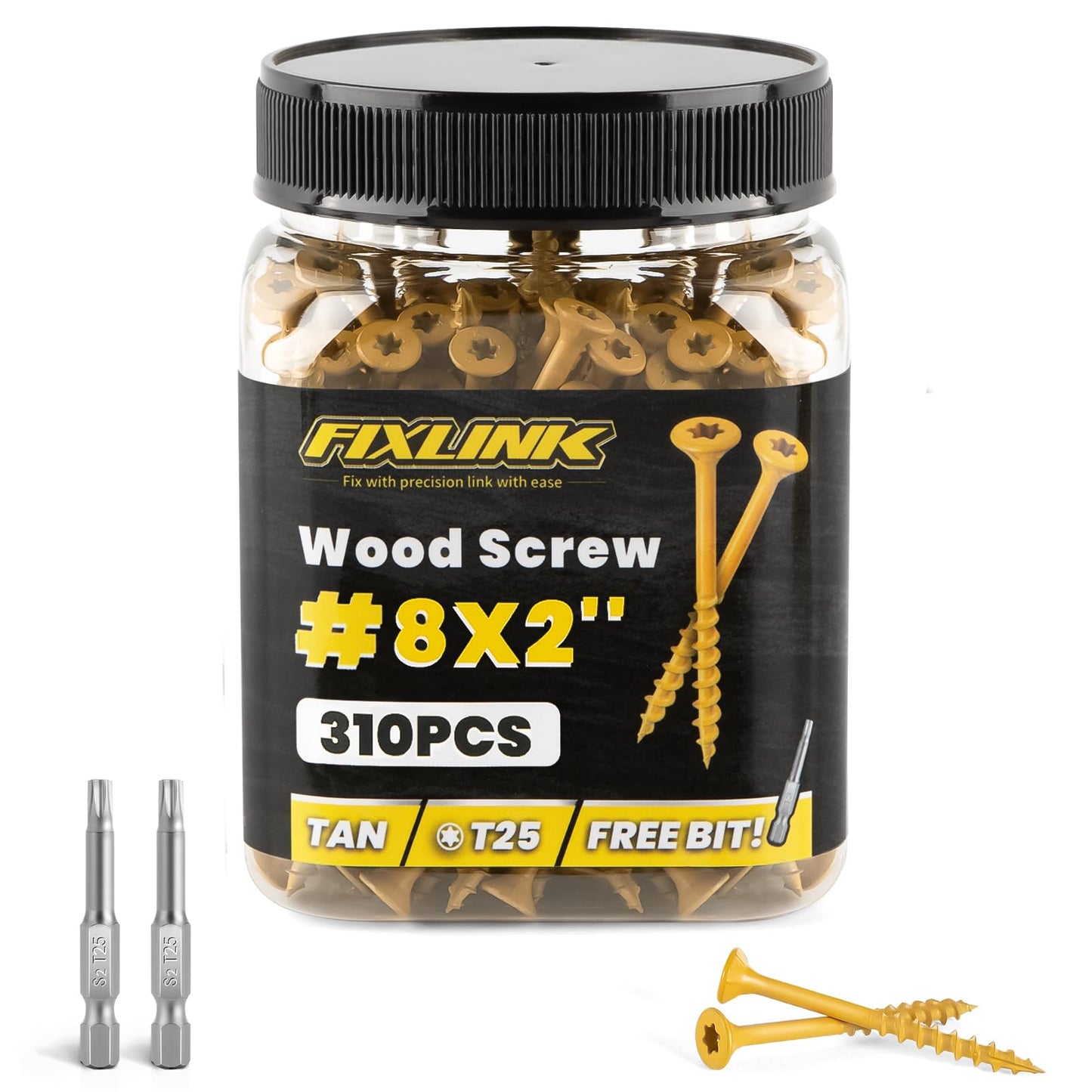 Wood Screws 2 Inch, FIXLINK Deck Screws #8 x 2, 310pcs, Epoxy Coated, T25 Star Bit Above 1500 Hour Salt Spray Coating Outdoor Decking Screws Excellent Rust Resistant for Outdoor Wood Fence