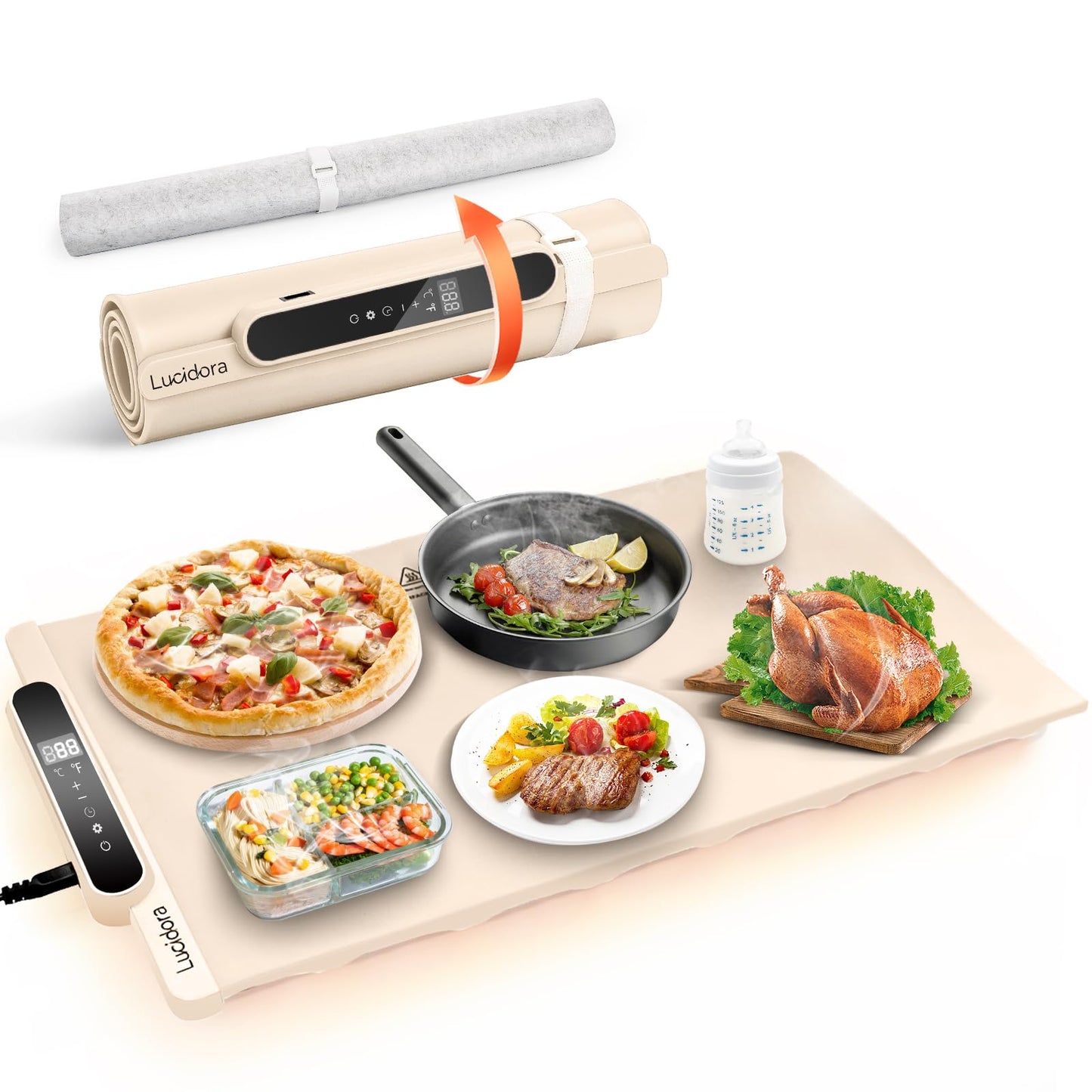 Lucidora Food Warming Mat, Electric Rollable Food Warmer 10 Levels Temperature & 10-Hour Timer Large Warming Tray with Child Lock for Parties & Buffet, Extra-Long 6.5ft Cord, Creamy White