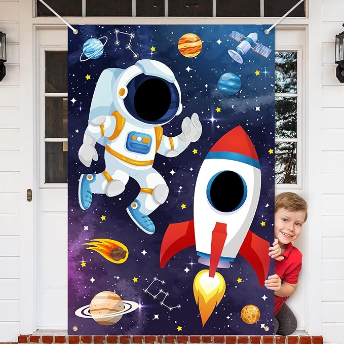 Outer Space Themed Party Decorations Astronaut Photo Booth Prop Backdrop Rocket Ship Galaxy Planet Starry Photography Back...