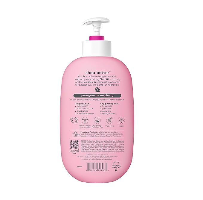 eos Shea Better Body Lotion Pomegranate Raspberry, 24-Hour Moisture Skin Care, Lightweight & Non-Greasy, Natural Shea, Vegan, 16 fl oz (Pack of 2)