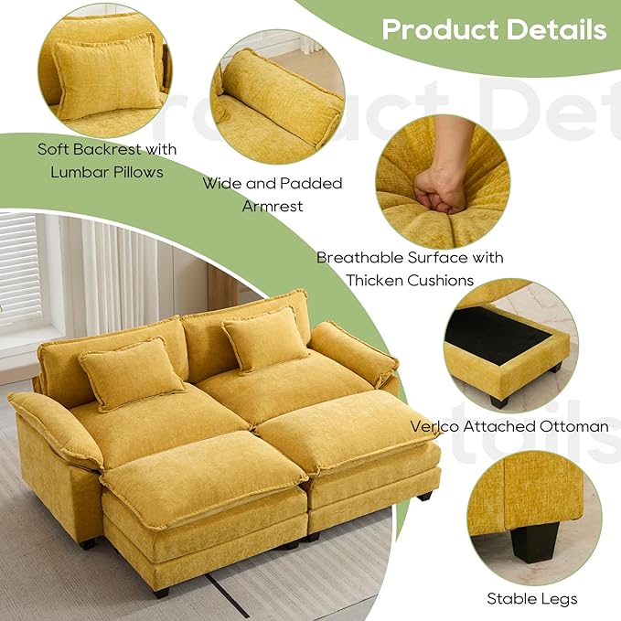 Oprisen 86" Modular Sectional Sofa, Comfy Cloud Couch Sectional Sofa with Ottoman, Chenille Sofa Sleeper Deep Seat Sofa with Throw Pillows for Living Room (Yellow)