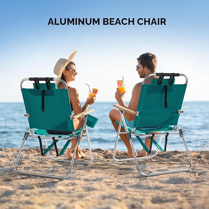 VINGLI Aluminum Backpack Beach Chair – Tall Beach Chairs for Adults, Portable with Adjustable Straps, 3-Position Reclining, Cup Holder, 2 Pillow,High Lightweight Beach Chairs (Green, 17" High)