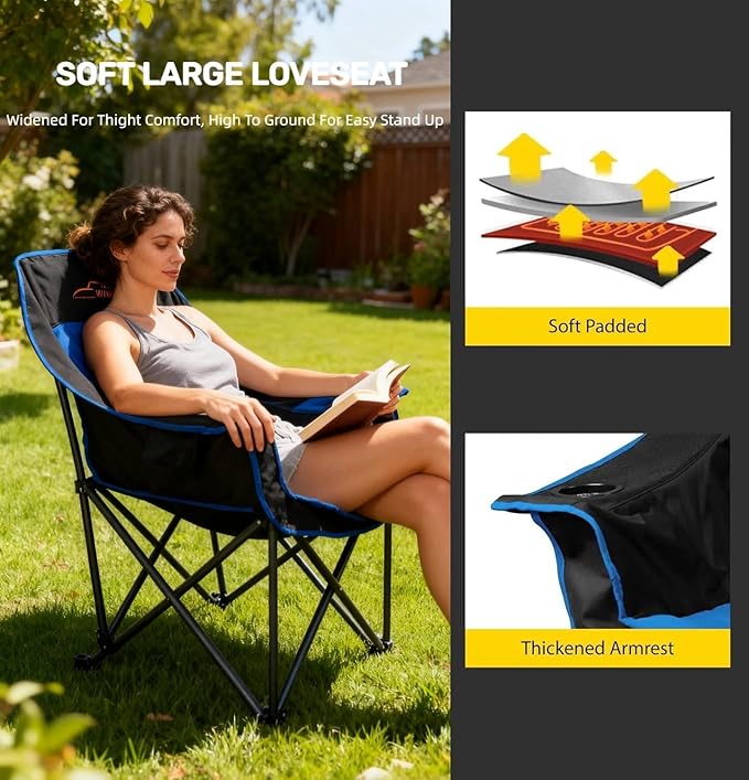 FAIR WIND Oversized Padded Camping Chair Heavy Duty Quad Fold Arm Chair Portable for Outdoor - Support 450LBS, Blue