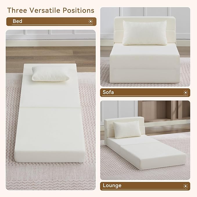 WUTUTUEE Folding Sofa Bed Convertible Floor Couch Foldable Chair Bed with Pillow，Linen Sleeper Chair Futon,Foldable Memory Foam Mattress for Bedroom/Living Room/Dorm/Office (Beige, Single)