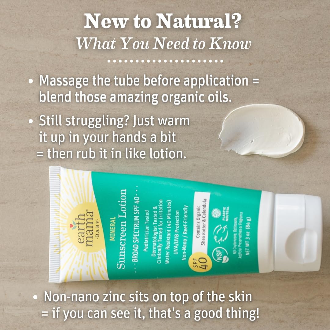 Earth Mama Baby Mineral Sunscreen Lotion SPF 40 | Reef Safe, Non-Nano Zinc, Natural Water Resistant Sun Cream for Babies, Kids &