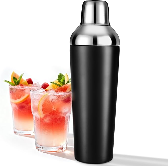 Etens Insulated Cocktail Shaker Black - 23oz Double Wall Vacuum Stainless Steel Martini Shaker with Built-in Strainer & Ji...