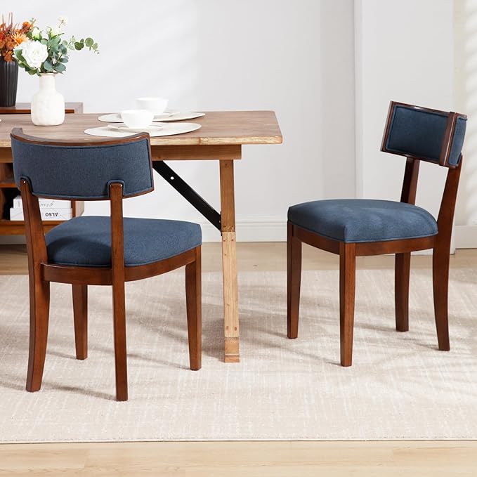 DM Furniture Upholstered Dining Chairs Set of 2 Farmhouse Kitchen Chairs with Solid Wood Legs Comfy Linen Accent Chair Modern Armless Side Chair for Dining/Living Room/Restaurant, Space Saving, Blue