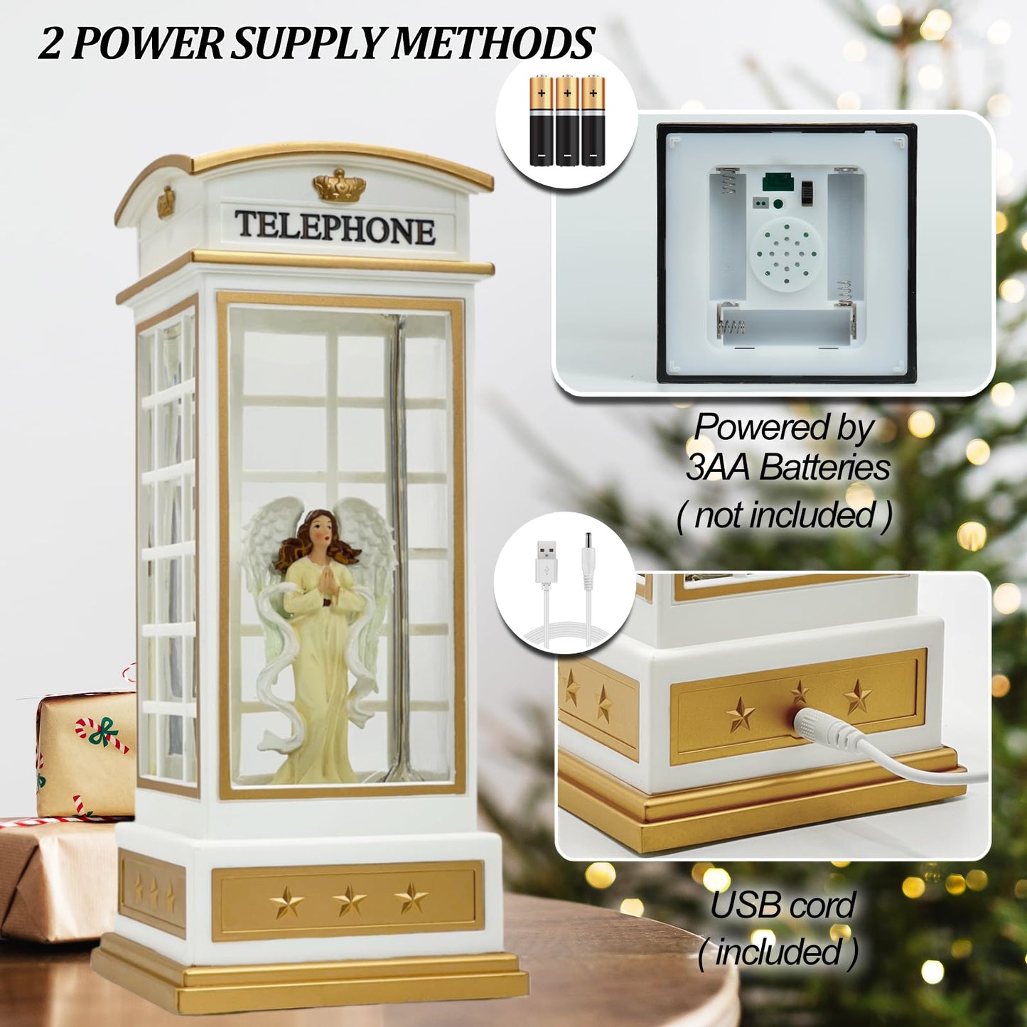 Christmas Snow Globe Lantern - Angel Scene Water Lanterns with Lights and Glitter - White Telephone Booth Decoration - USB or Battery Powered Musical Box for Adults Girls (Angel)