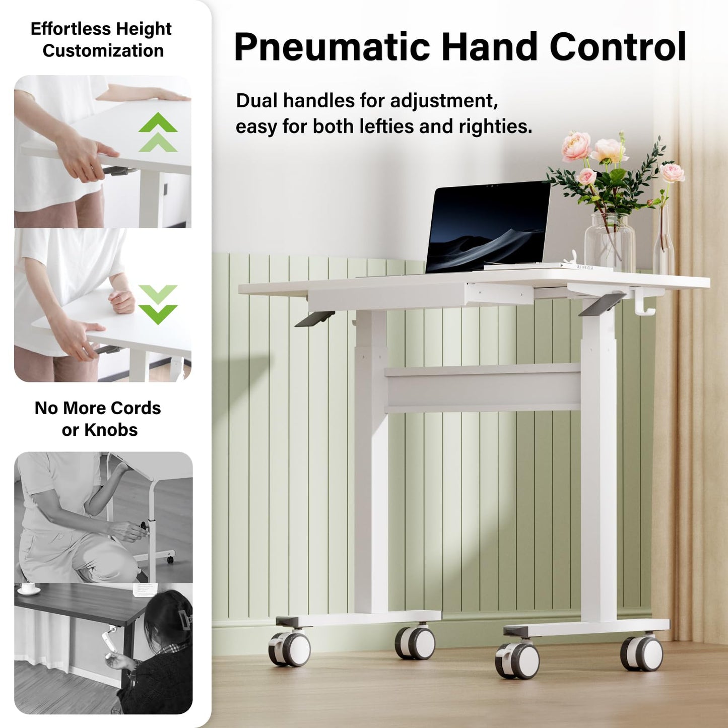 DAWNYIELD Standing Desk for Walking Pad with Wheels, Pneumatic Cordless Height Adjustable Rolling Desk, Mobile Computer Workstation with Drawer Hook Locking Casters for Treadmill & Home Office, White
