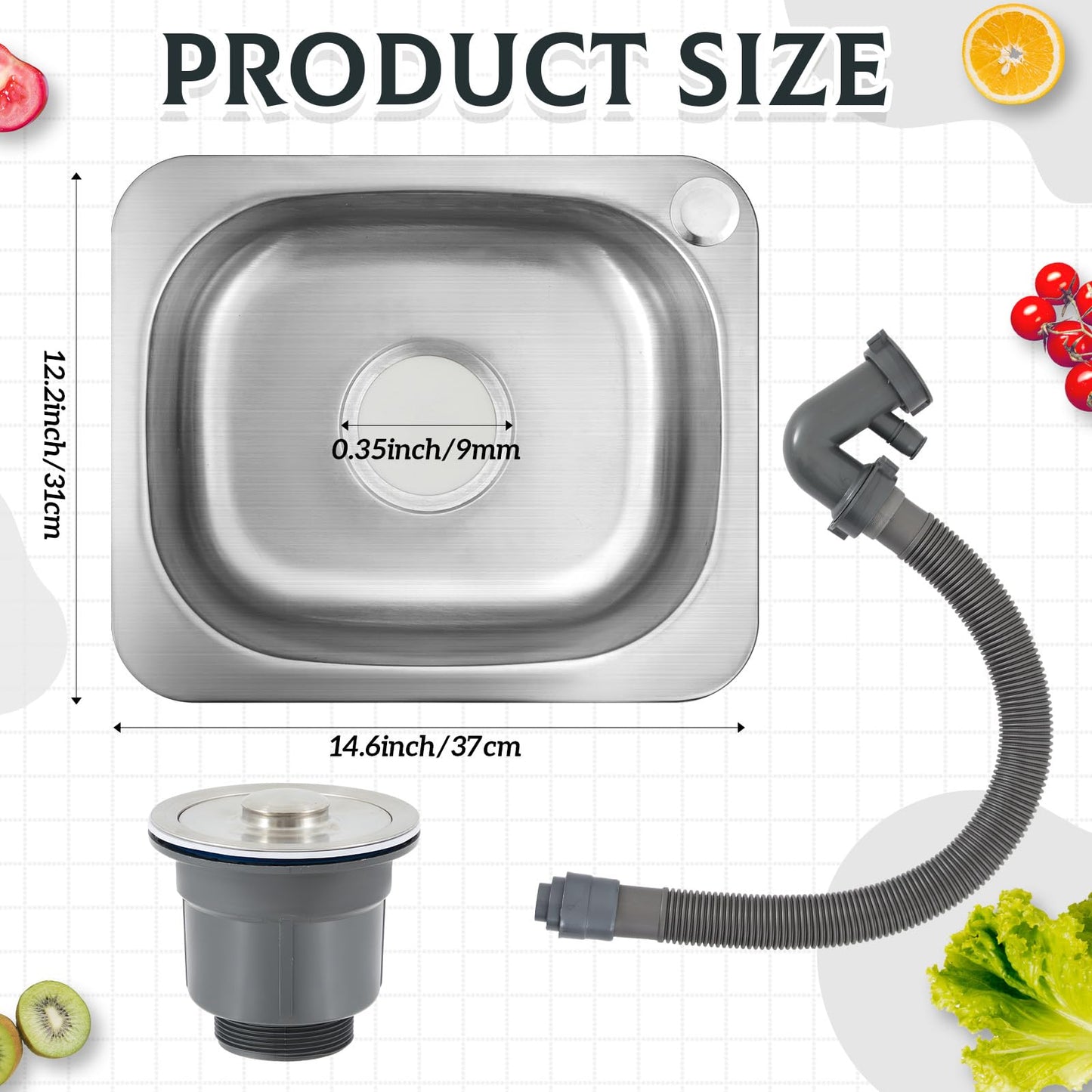 Kittmip 3 Pcs Stainless Steel Utility Sink with Drain Filter Pipe Tube Kit, 15 x 12 Inch Commercial Hand Washing Sink Set for Restaurant Bar Rv Bathroom Laundry Kitchen (Without Faucet)