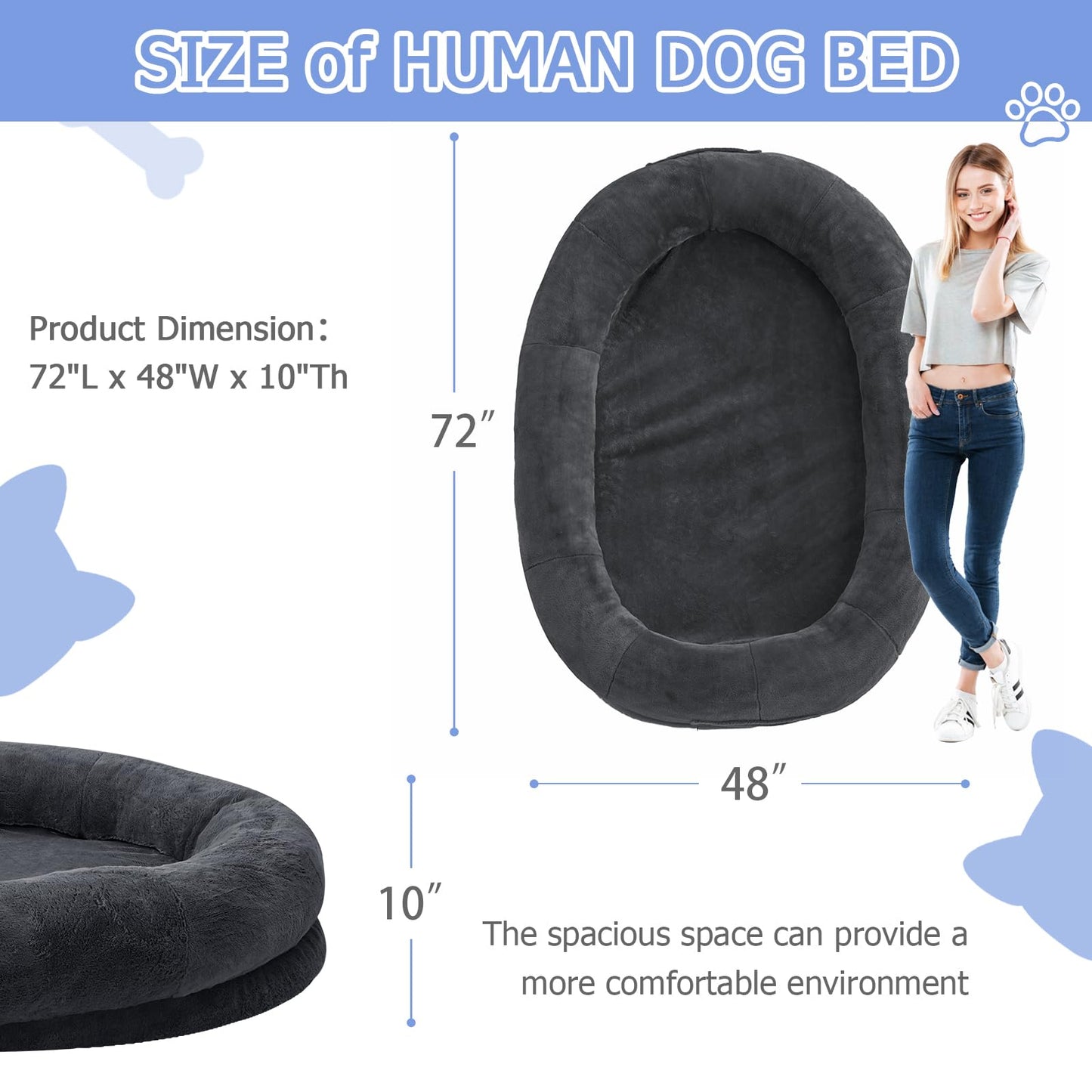 Human Dog Bed,72"x48"x10" Large Gaint Shared Bed for Adult - Flufelbed Standard Cloud Bed for Humans and Dogs - Nap Bed Bean Bag Bed Faux Fur Fluffy Orthopedic Pet Sleeping Bed - Large Charcoal