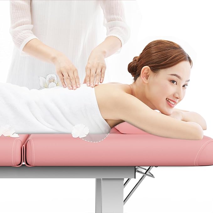 pouseayar Stationary Massage Table, 75”L 31.5''W Heavy Duty Esthetician Bed, 800LBS Metal Frame PU Leather Physical Therapy Table Spa Lash Bed Professional Equipment (Pink)