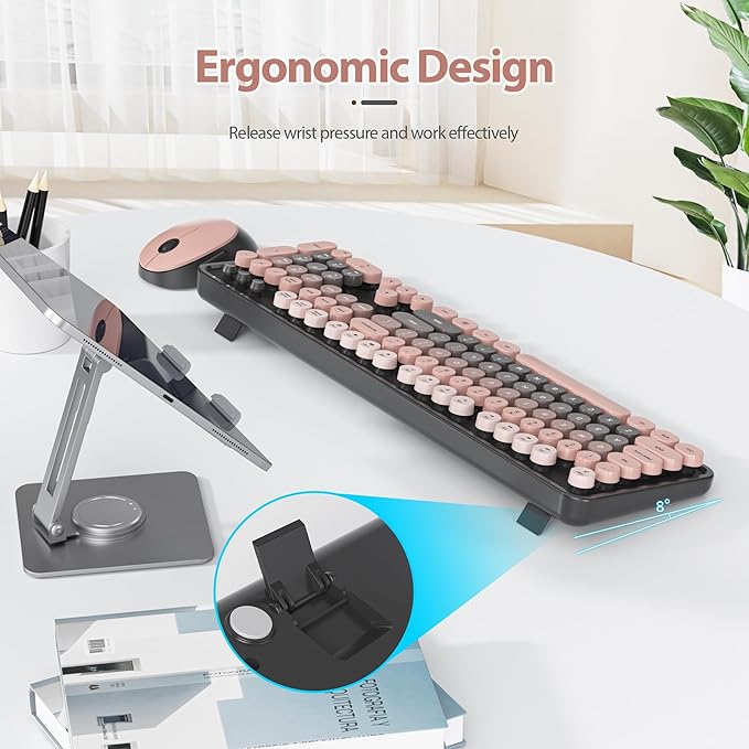 Owpkeenthy Retro Keyboard and Mouse Wireless, Cute Colorful Keyboard with Retro Typewriter Style Full-Sized with Number Pad Round Keys for Desktop, Laptop and Computerr (Gradient Heimei)