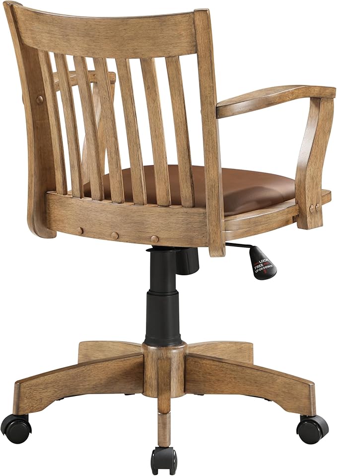 OSP Home Furnishings Deluxe Wood Banker's Desk Chair with Padded Seat, Adjustable Height and Locking Tilt, Fruitwood Finish and Brown Vinyl