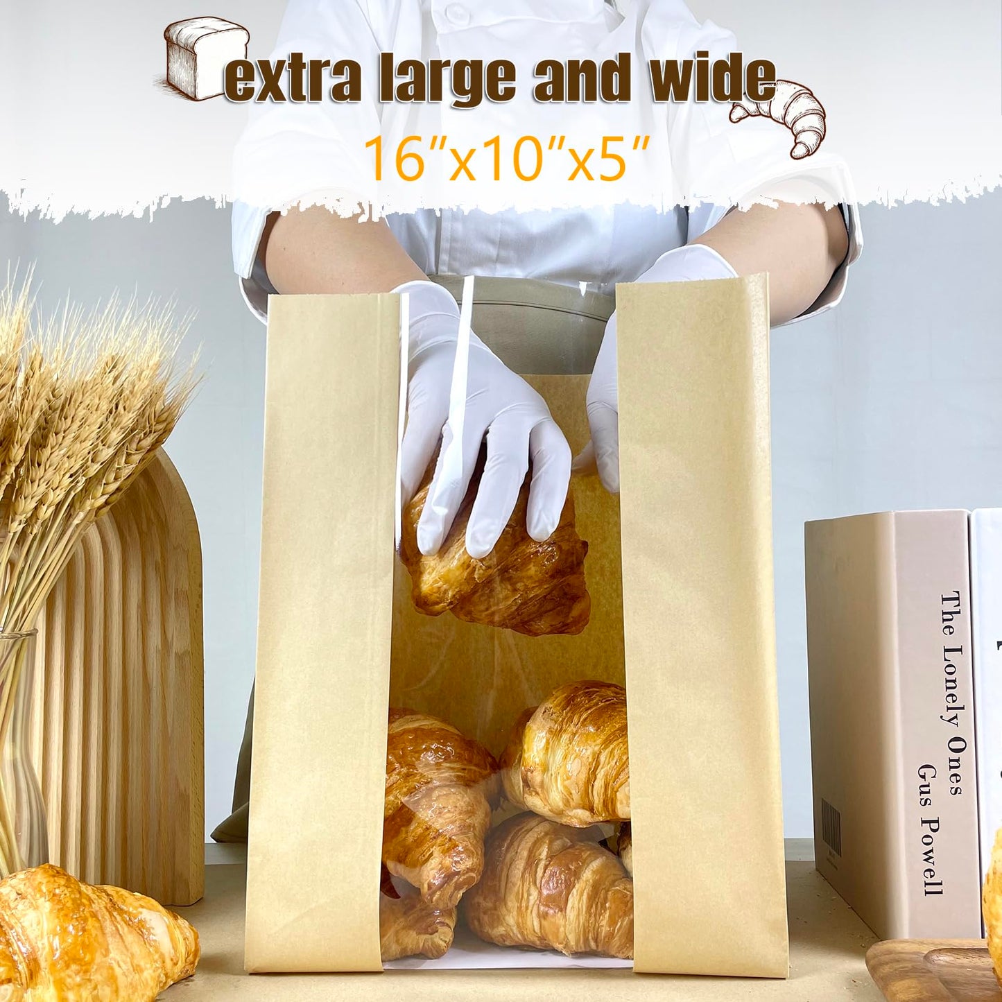 BIUBIU 16x10x5 inch Extra Large Paper Bread Bags for Homemade Bread with Window & Sticker for XL Sourdough Bread, Supersized Bread Loaf, Baked Goods, Packaging for Gifting-Brown Kraft 25Pcs