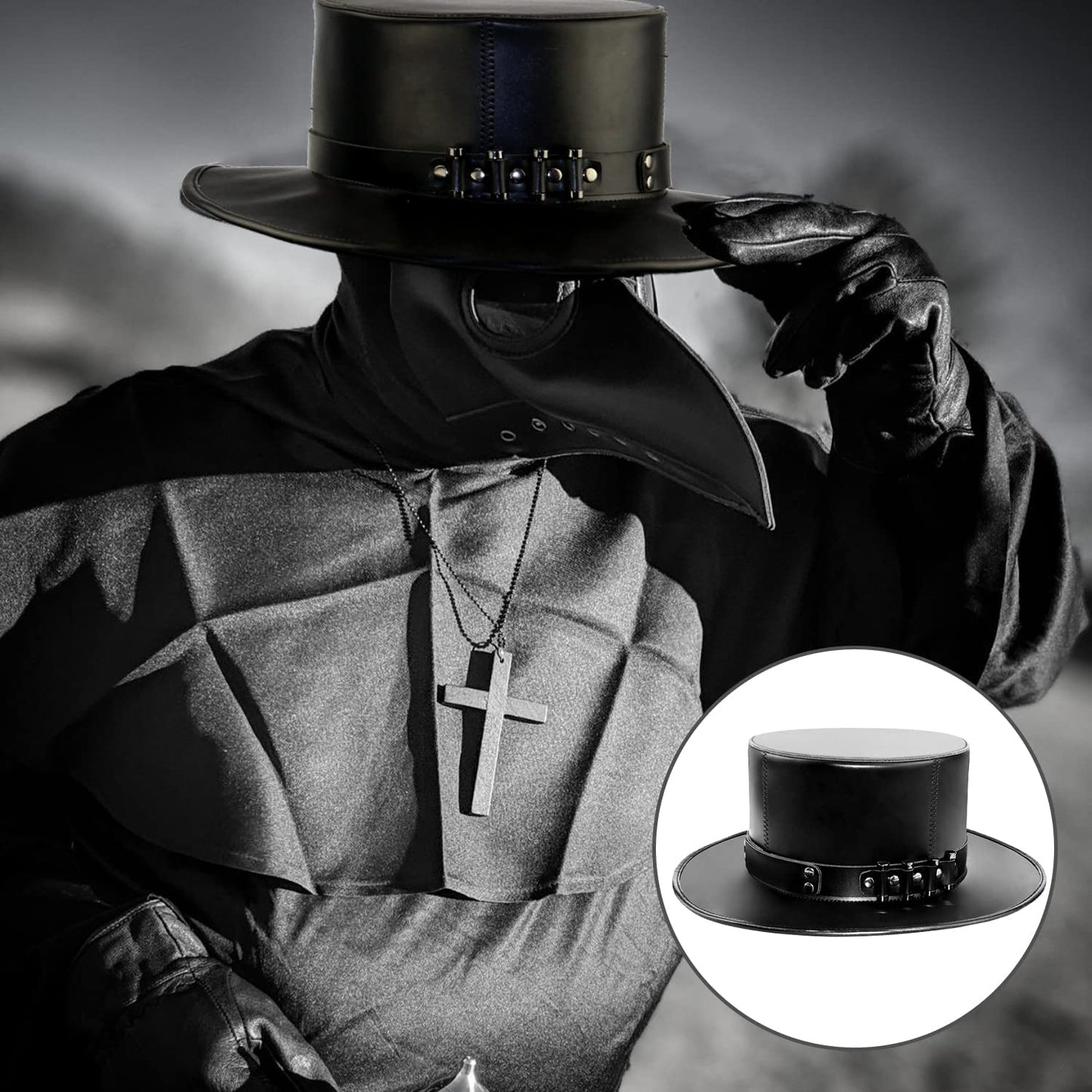 Azurtis Black Leather Plague Doctor Hat Vintage Flat Top Dress Up Hat Steampunk Halloween Top Hat