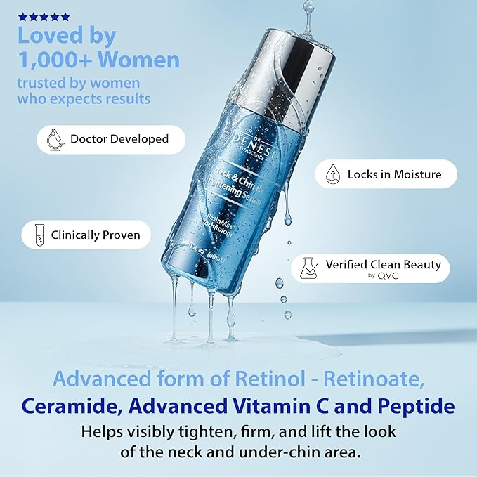 Dr. Denese Neck Firming and Tightening Serum Roll-On 2 oz – Vitamin C and Peptide Formula with Retinoate for Smooth Radiant Skin and Refined Jawline – Improves Elasticity, Hydration, and Definition