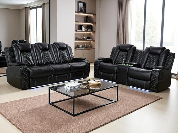 Dekmxas Breathing Leather Power Reclining Sofa Set, Living Room Furniture Sets, Power Recliner Sofa Couch Loveseat with 3 Recliner Seats/LED Light/Cup Holders/Drop-Down Table for Living Room/Office