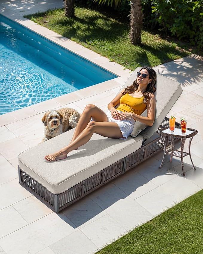 ACTREST Luxury Outdoor Chaise Lounge Chairs of 2 with 5 Inch Thick Cushions and Side Table - 3 PCS High Back Brown Wicker Rattan Patio Recliners Lounger Furniture Set for Poolside Sunbathing - Beige