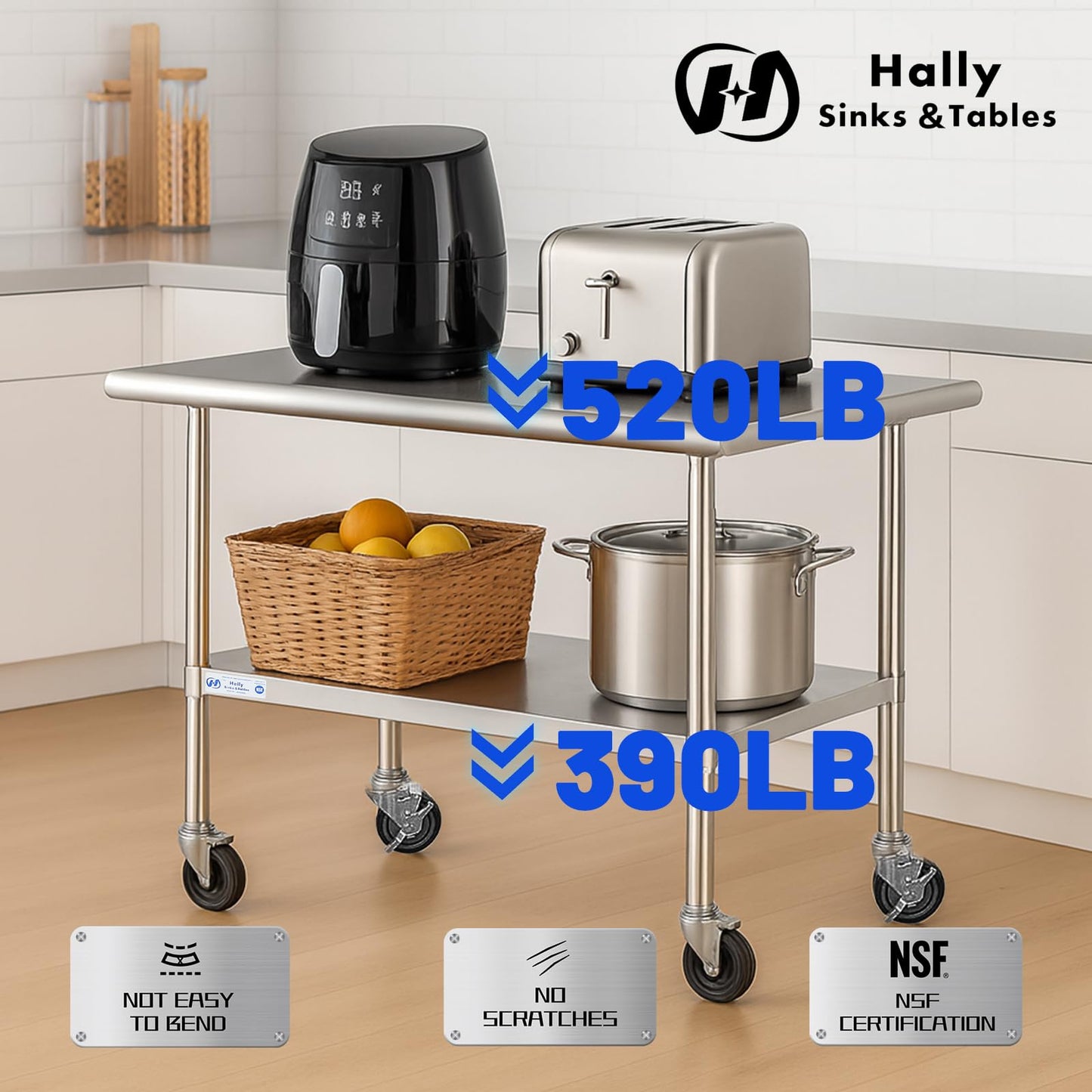 Hally Stainless Steel Table for Prep & Work 30 x 60 Inches with Caster Wheels, NSF Commercial Heavy Duty Table with Undershelf and Galvanized Legs for Restaurant, Home and Hotel