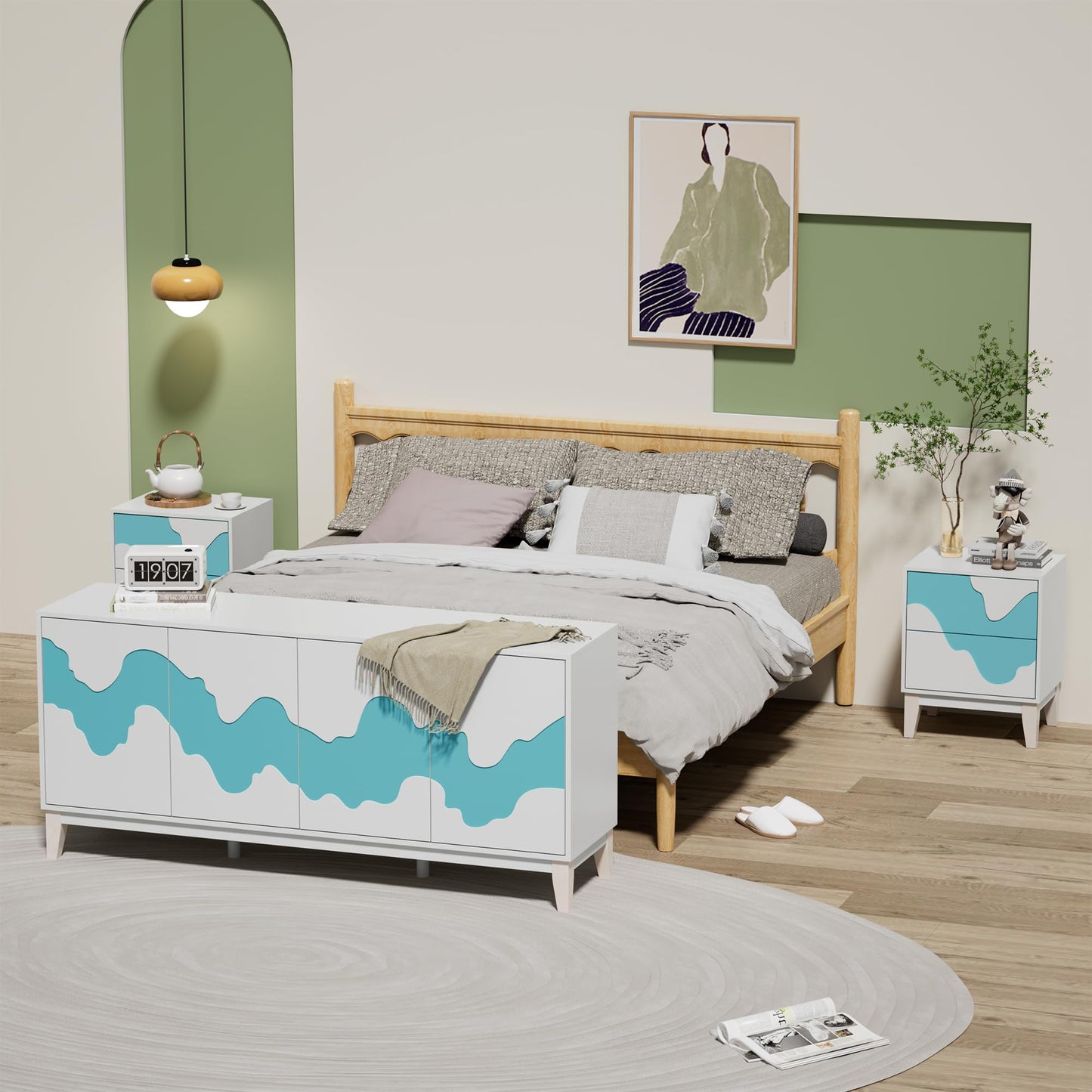 UEV 9-Drawer Dresser & 2 Nightstands Set - 3 Piece Modern Bedroom Furniture Set, 63" Wide Wooden Chest of Drawers with Flowing Water Pattern,2-Drawer Night Stands for Bedroom (White/Blue